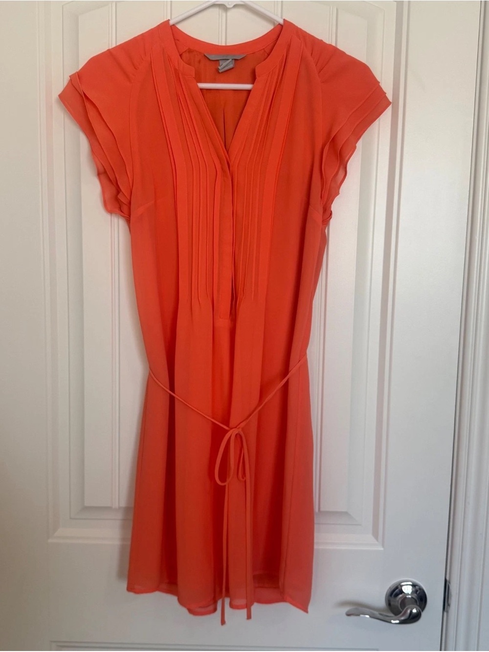H&M Bright Coral Pleated Waist-Tie Cap Sleeve Dress